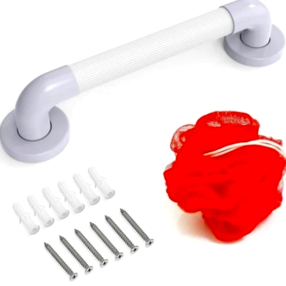 Textured shower grab bar and loofah